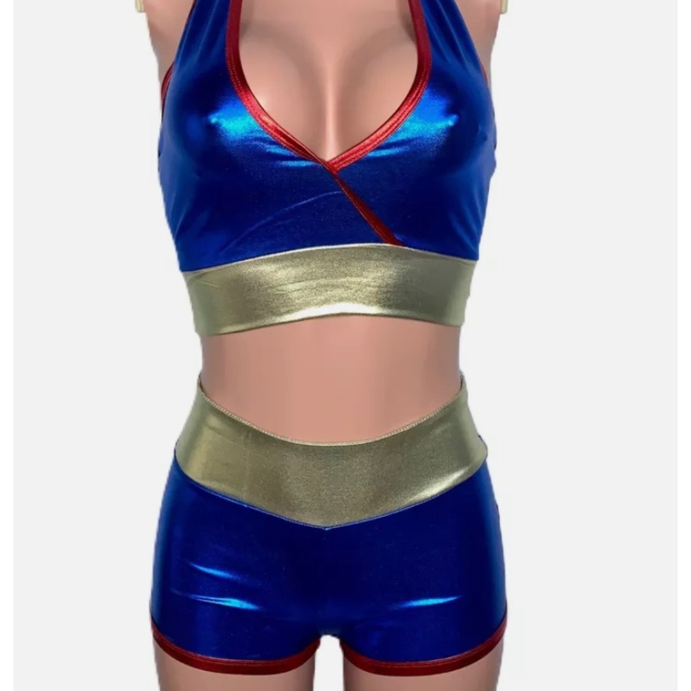 Metallic Stretch Super Girl Hero Costume Set Top